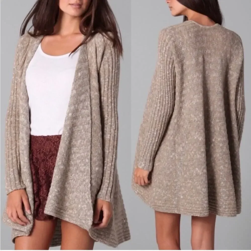 Free People Beached Shell tan ribbed open front wool blend cardigan size Small